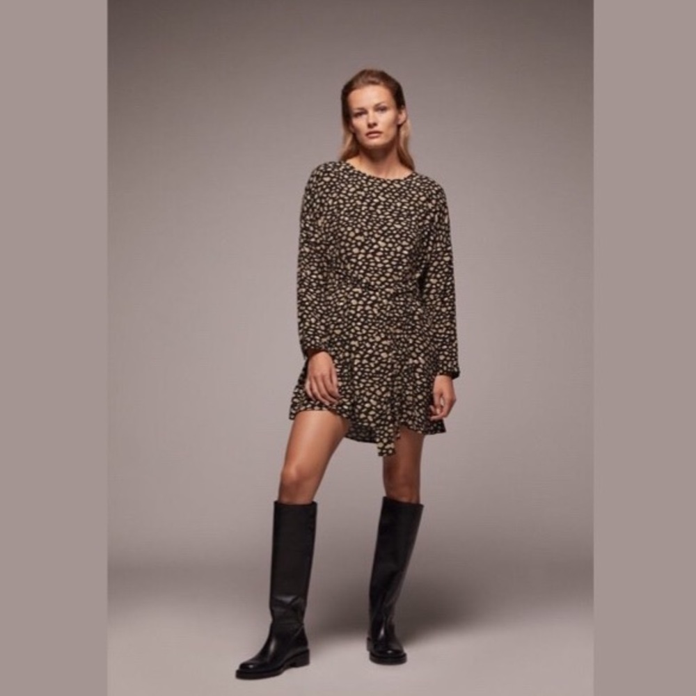 NWT Zara Speckled Animal Print Taupe Brown, White, & Black Mini Dress